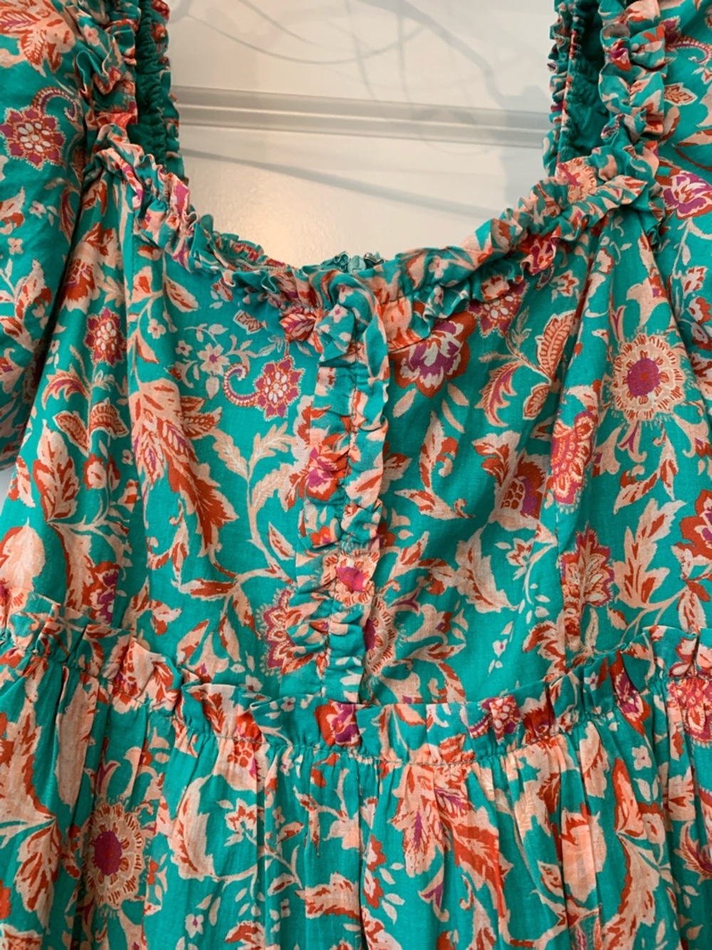 Fate Teal Floral Puff-Sleeve Midi  S Dress 100 percent cotton NWOT - Picture 3 of 13